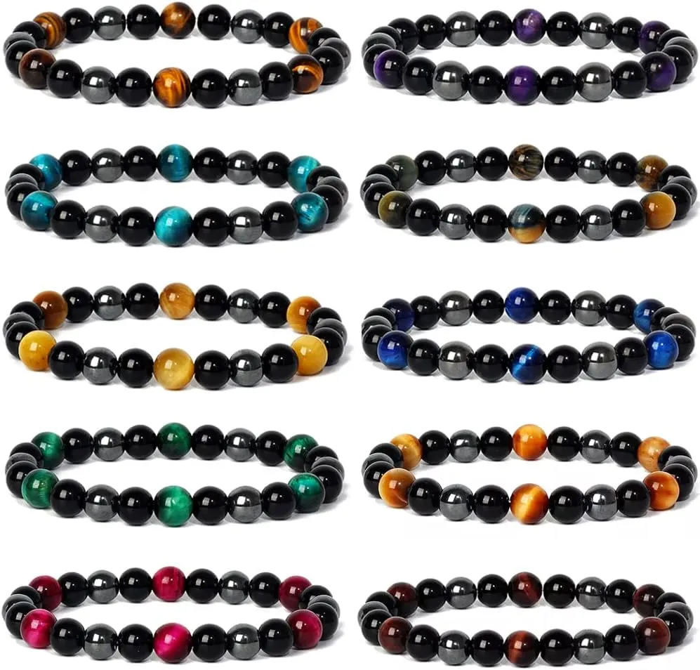 10 Pcs Triple Protection Bracelet Hematite Black Obsidian Tiger Eye Stone Beaded Bracelets for Men Women Stretch Bracelets