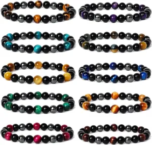 10 Pcs Triple Protection Bracelet Hematite Black Obsidian Tiger Eye Stone Beaded Bracelets for Men Women Stretch Bracelets