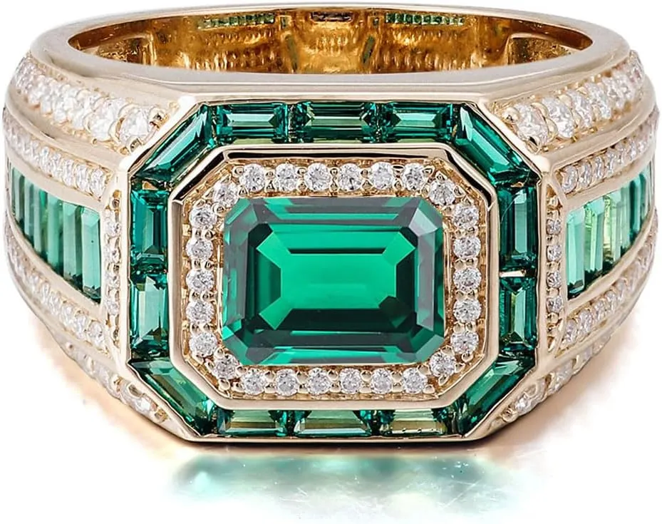 10K 14K 18K Gold Men's Emerald Cut Gemstone Engagement Ring with Moissanites Luxury Design Gemstone Wedding Anniversary Ring for Men Husband Size 4-16