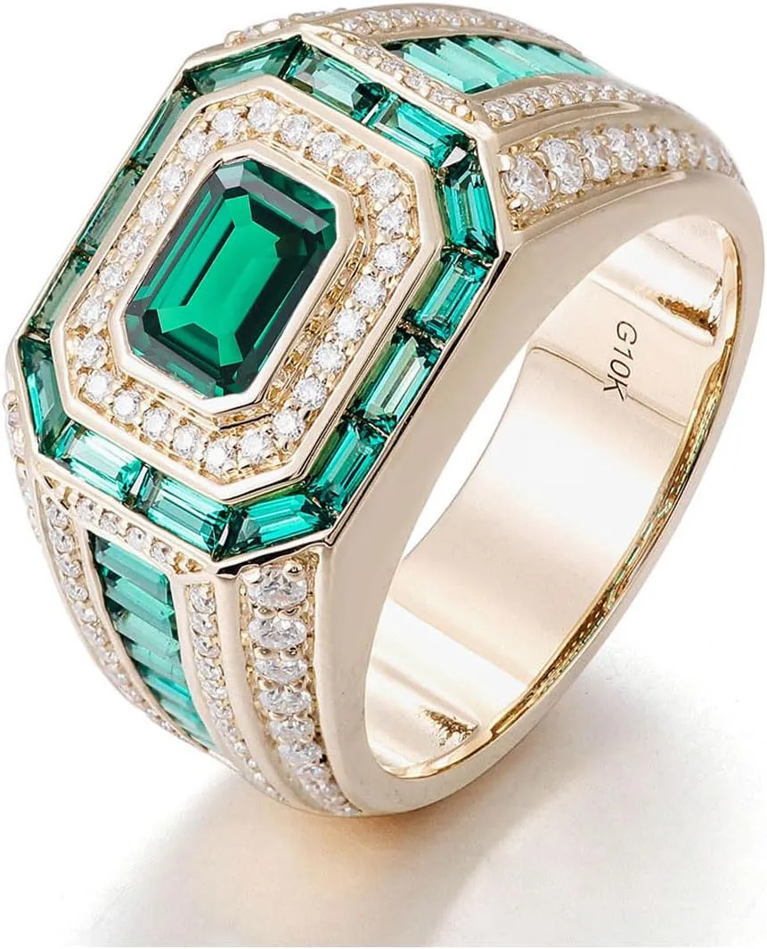 10K 14K 18K Gold Men's Emerald Cut Gemstone Engagement Ring with Moissanites Luxury Design Gemstone Wedding Anniversary Ring for Men Husband Size 4-16