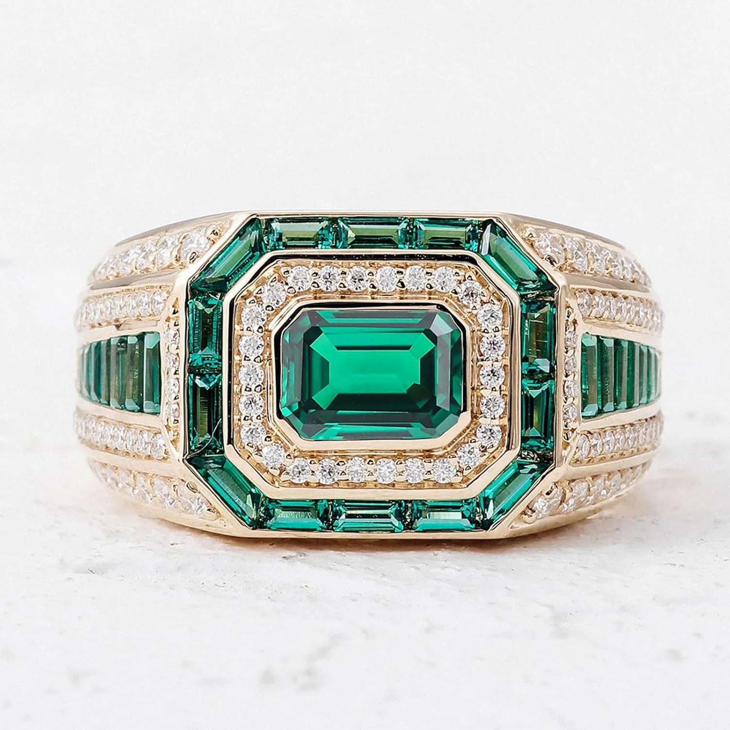 10K 14K 18K Gold Men's Emerald Cut Gemstone Engagement Ring with Moissanites Luxury Design Gemstone Wedding Anniversary Ring for Men Husband Size 4-16