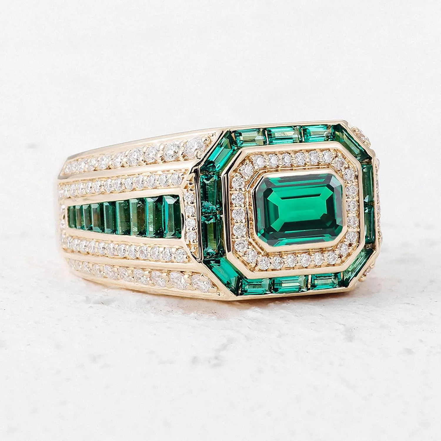 10K 14K 18K Gold Men's Emerald Cut Gemstone Engagement Ring with Moissanites Luxury Design Gemstone Wedding Anniversary Ring for Men Husband Size 4-16