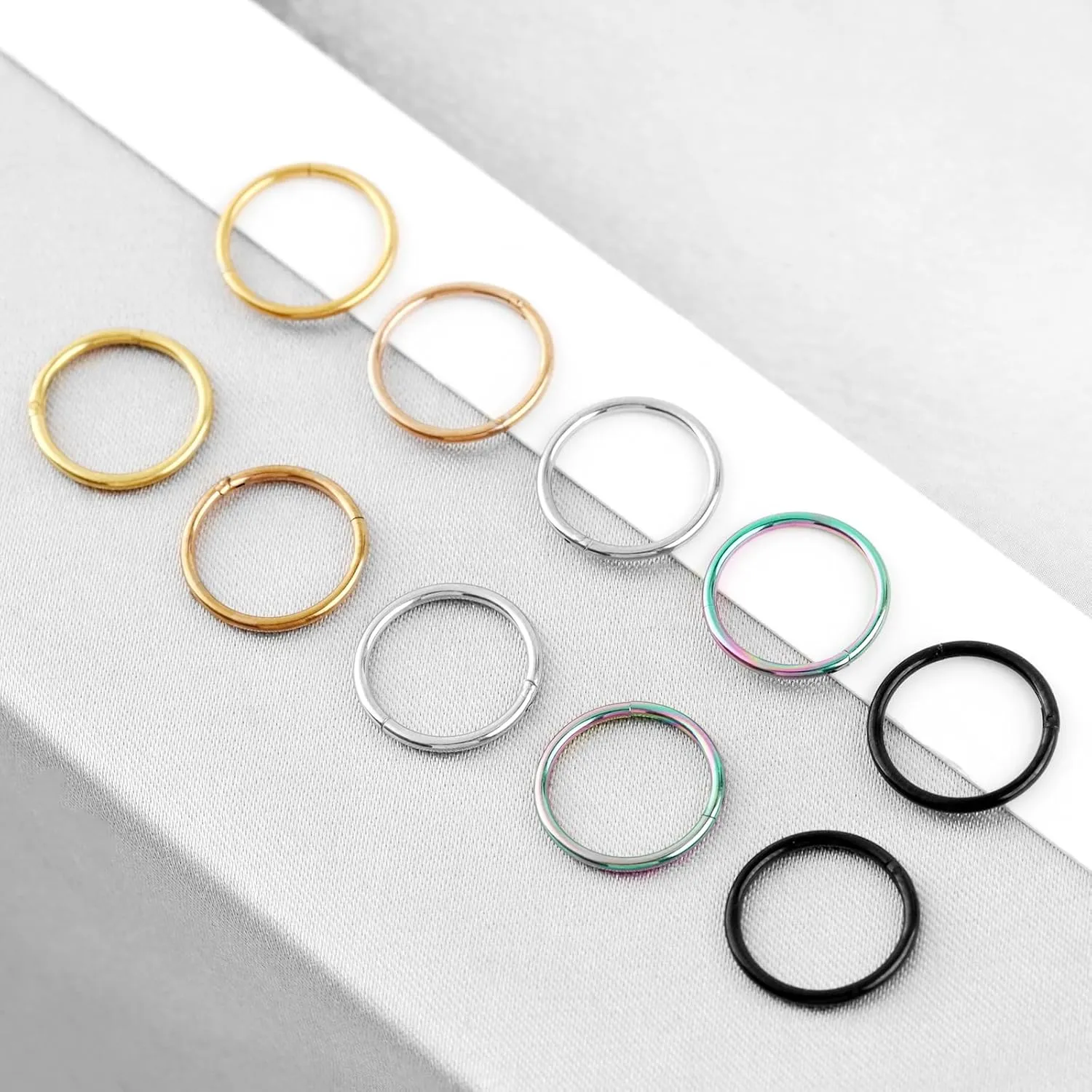 10PCS 16G 18G Nose Rings Hoops - 316L Surgical Steel Hinged Segment Rings - Mixed Colors: Silver, Black, Gold, Rainbow, Rose Gold - 6mm, 8mm, 10mm, 12mm