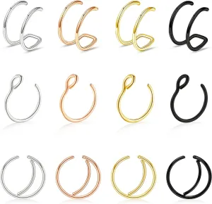 12PCS Fake Nose Rings, Nose Studs Double Fake Noe Rings Hoop Ear Cuffs,Fake Septum Rings Fake Nose Piercing Faux Nose Hoop Fake Stud Earrings,Helix Cartilage Lobe Conch Lip Jewelry