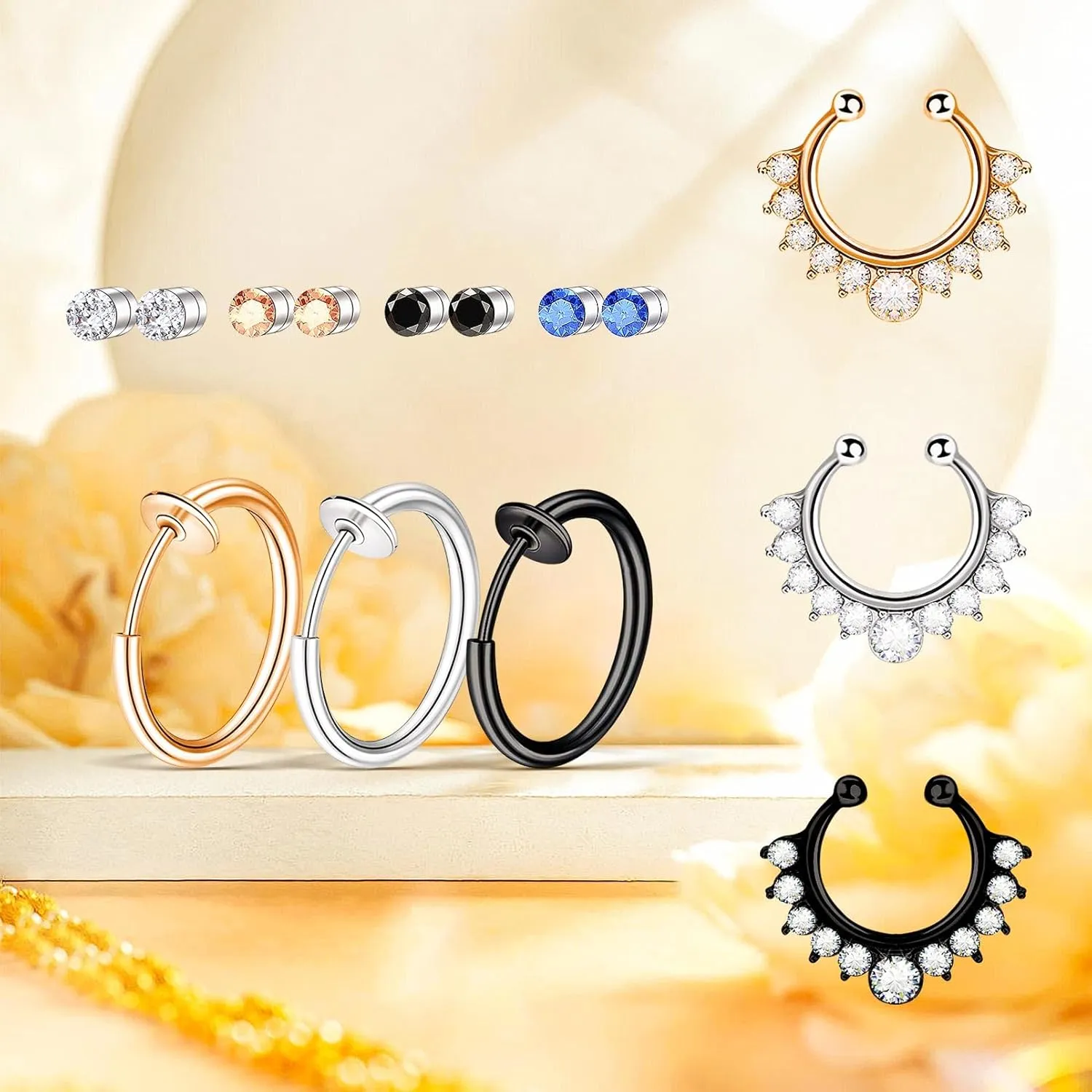 12PCS Fake Nose Rings, Nose Studs Double Fake Noe Rings Hoop Ear Cuffs,Fake Septum Rings Fake Nose Piercing Faux Nose Hoop Fake Stud Earrings,Helix Cartilage Lobe Conch Lip Jewelry
