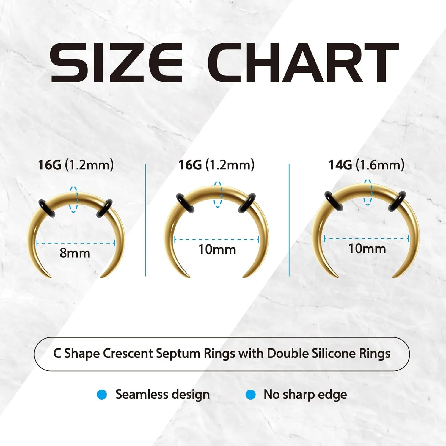 14G 16G 2Pcs Stainless Steel Pincher Septum Rings Tapers Ear Rings Crescent Tapers C Shape Buffalo Horseshoes Nose Rings O-Rings Hoops Body Piercing Jewelry Women Men