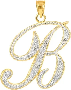 14K Gold Diamond Accented Fine Dangling Cursive Initial A-Z Charm 3/4" Pendant (J-K Color, I1-I2 Clarity) - Choice of Initial Letter and Gold Color
