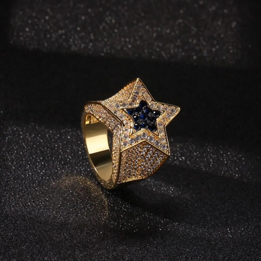 14K Gold Men's Star Sapphire Ring, Bold Blue Moissanite, Stylish and Unique Gift for Him