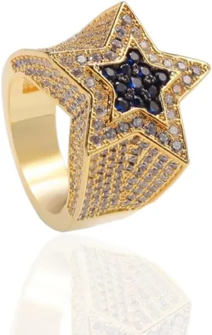 14K Gold Men's Star Sapphire Ring, Bold Blue Moissanite, Stylish and Unique Gift for Him