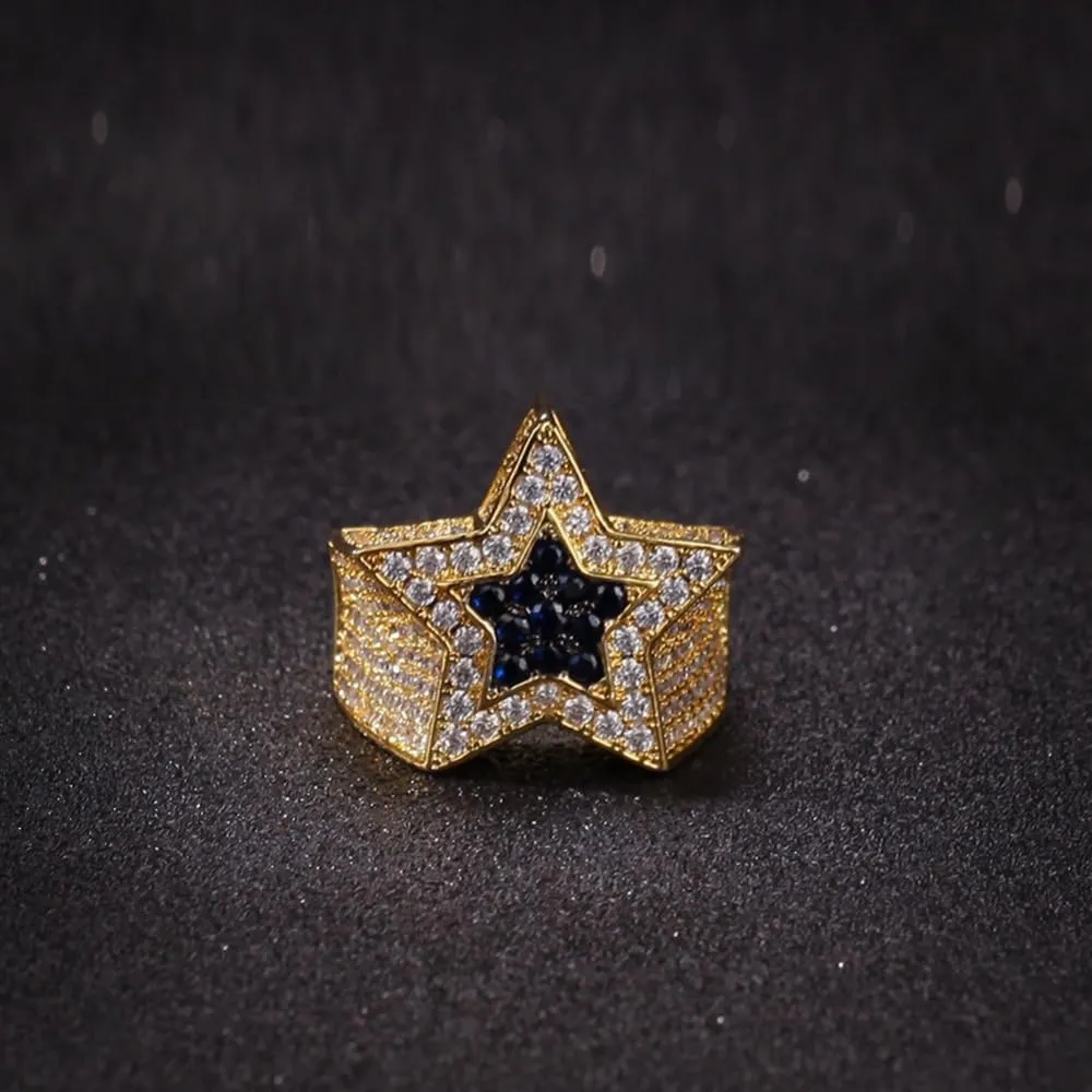14K Gold Men's Star Sapphire Ring, Bold Blue Moissanite, Stylish and Unique Gift for Him