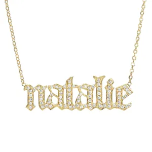 14k Gold Old English Font Name Necklace - Personalized Custom Name Jewelry - Choose Plain, Zirconium, or Diamond - Ideal for Memorable Gifts (Diamond)