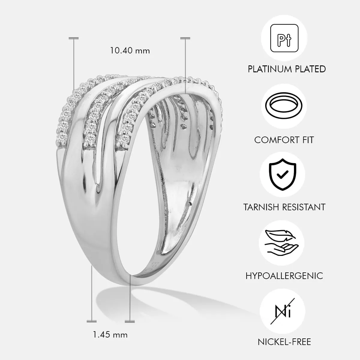 14K Gold or Platinum Plated Stacked Wave Ring for Women with Cubic Zirconia | Size 5 to 9