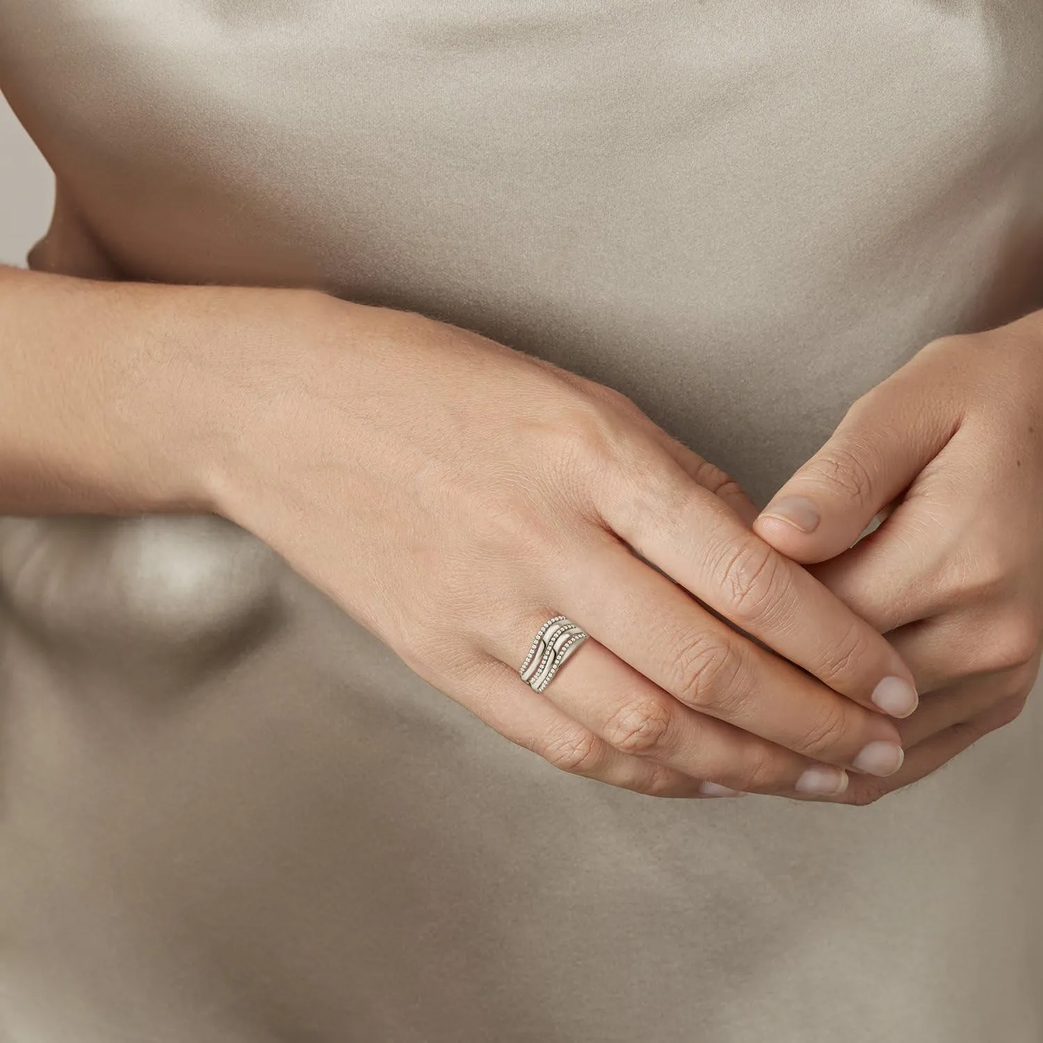 14K Gold or Platinum Plated Stacked Wave Ring for Women with Cubic Zirconia | Size 5 to 9