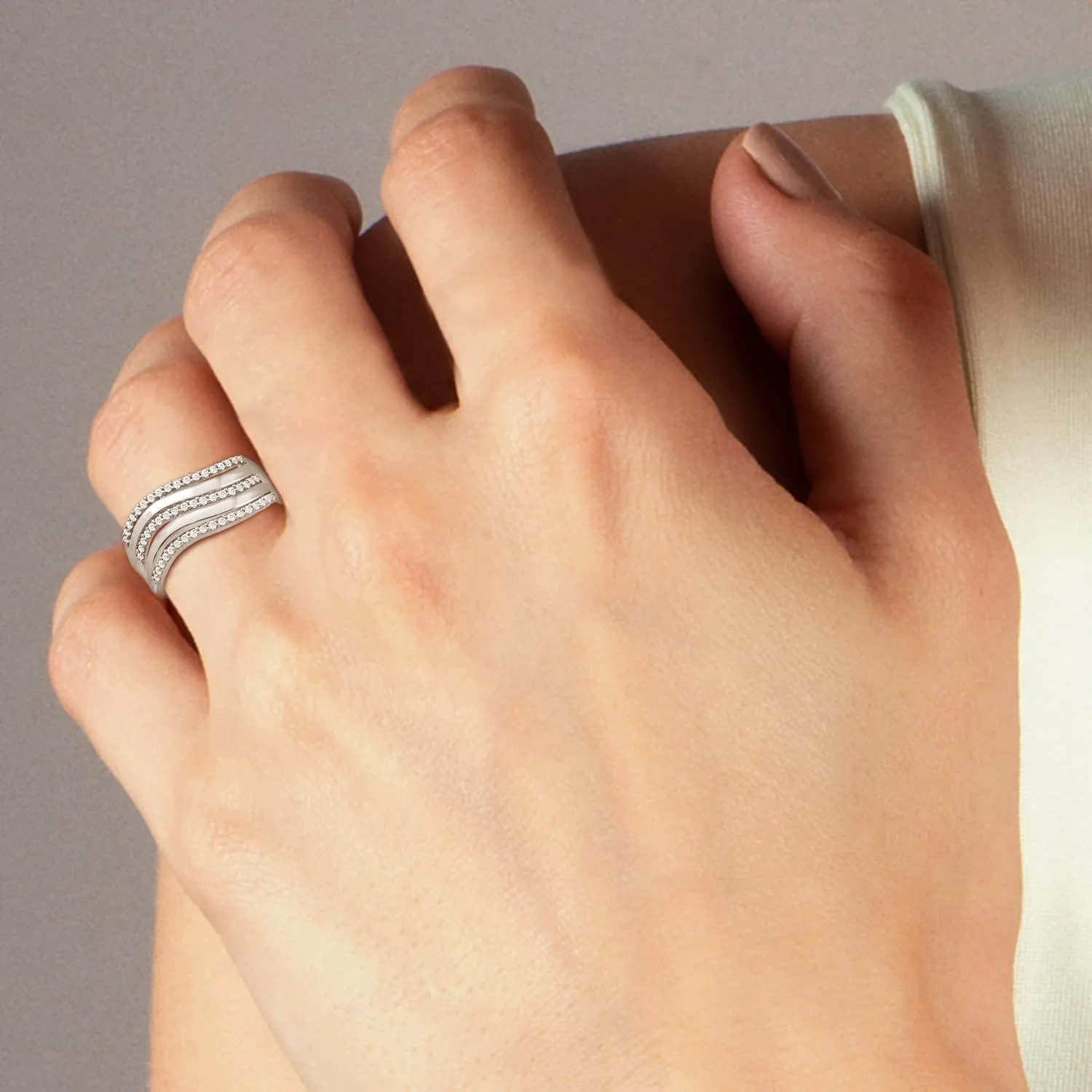 14K Gold or Platinum Plated Stacked Wave Ring for Women with Cubic Zirconia | Size 5 to 9