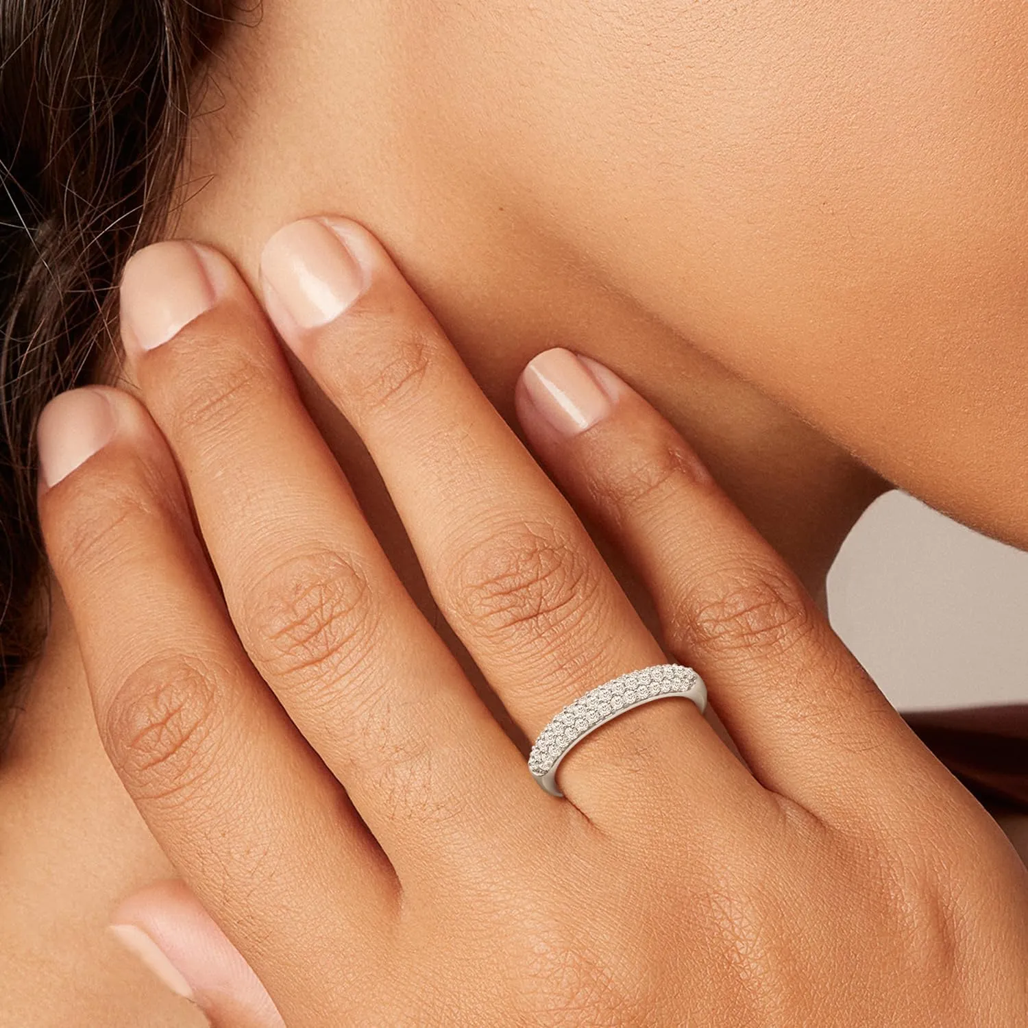 14K Gold or Platinum Plated Three Row Domed Band Ring for Women with Cubic Zirconia | Size 5 to 9