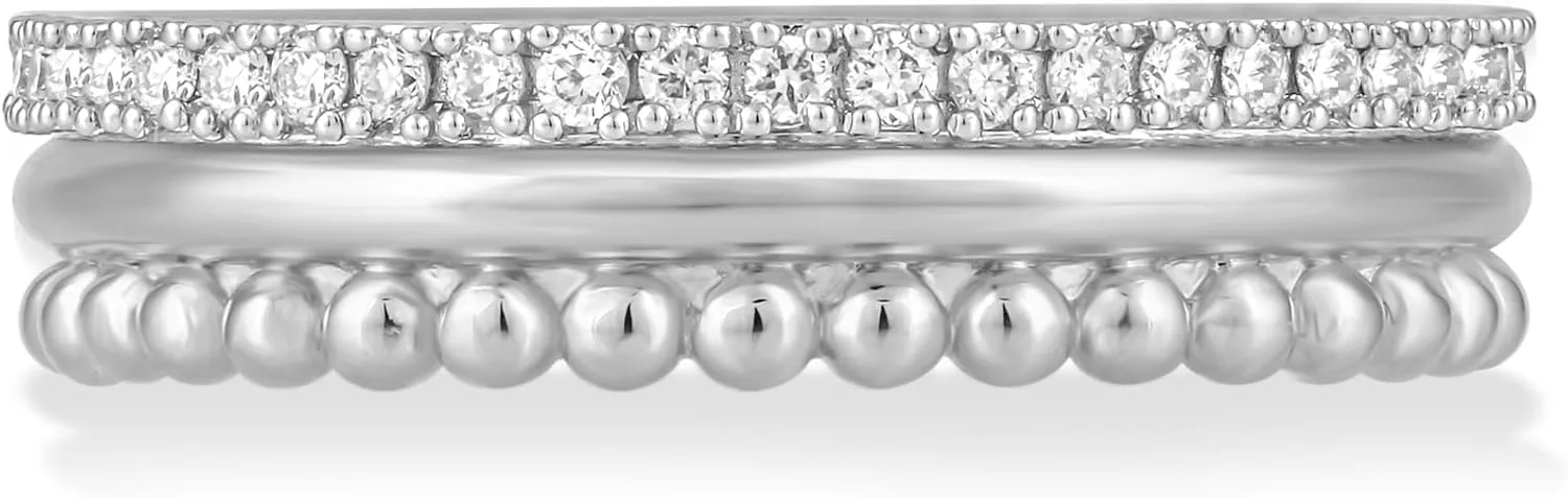 14K Gold or Platinum Plated Triple Stacked Bead Rimmed Band Ring for Women with Cubic Zirconia | Size 5 to 9