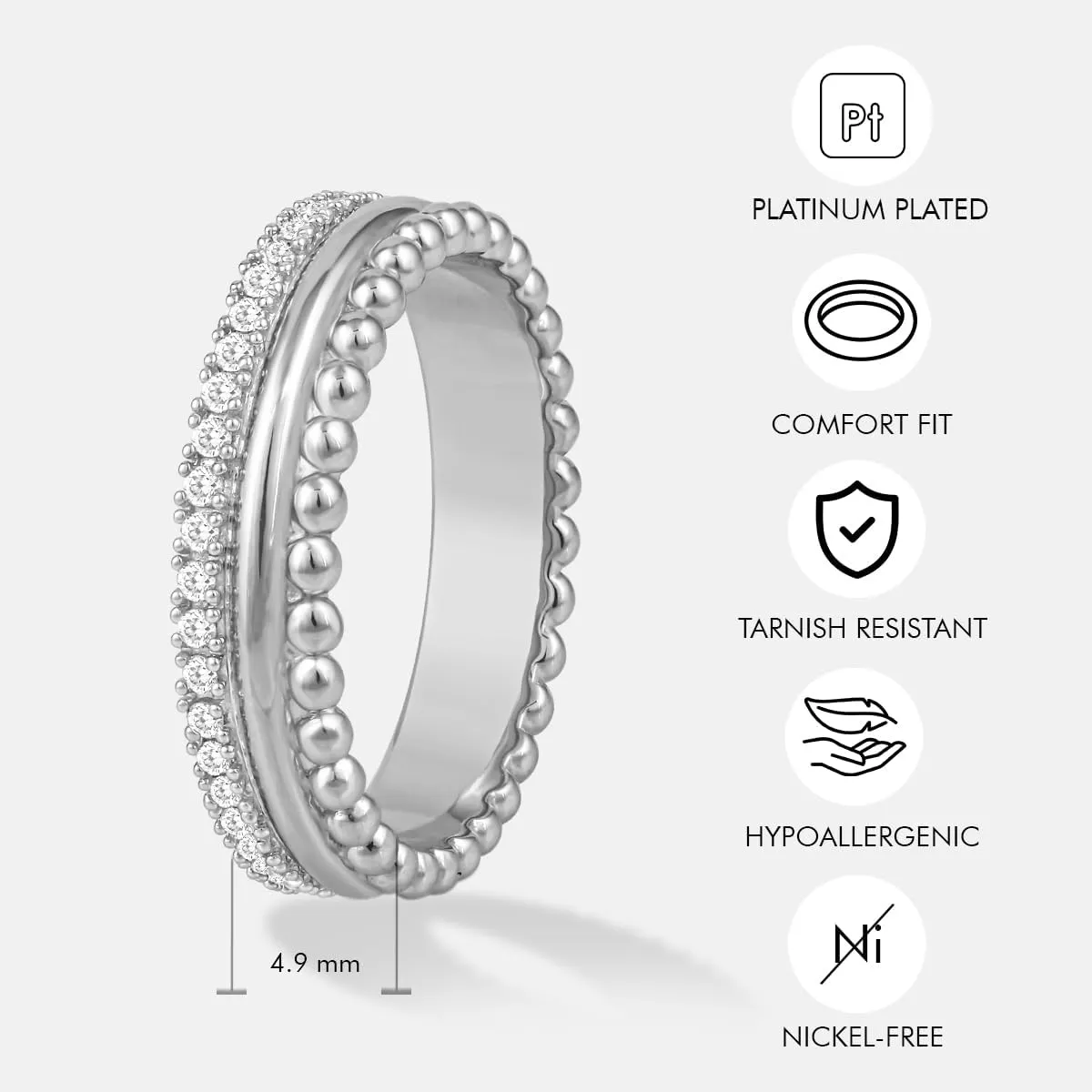 14K Gold or Platinum Plated Triple Stacked Bead Rimmed Band Ring for Women with Cubic Zirconia | Size 5 to 9
