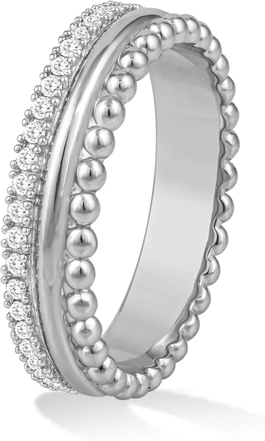 14K Gold or Platinum Plated Triple Stacked Bead Rimmed Band Ring for Women with Cubic Zirconia | Size 5 to 9