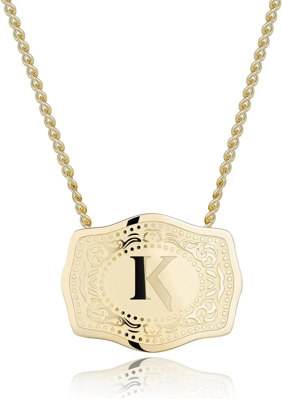 14K Gold-Plated Initial Letter Pendant Necklace with Embossed Belt Buckle, Buy 1 Get 2 Chains, Personalized Necklace for Women