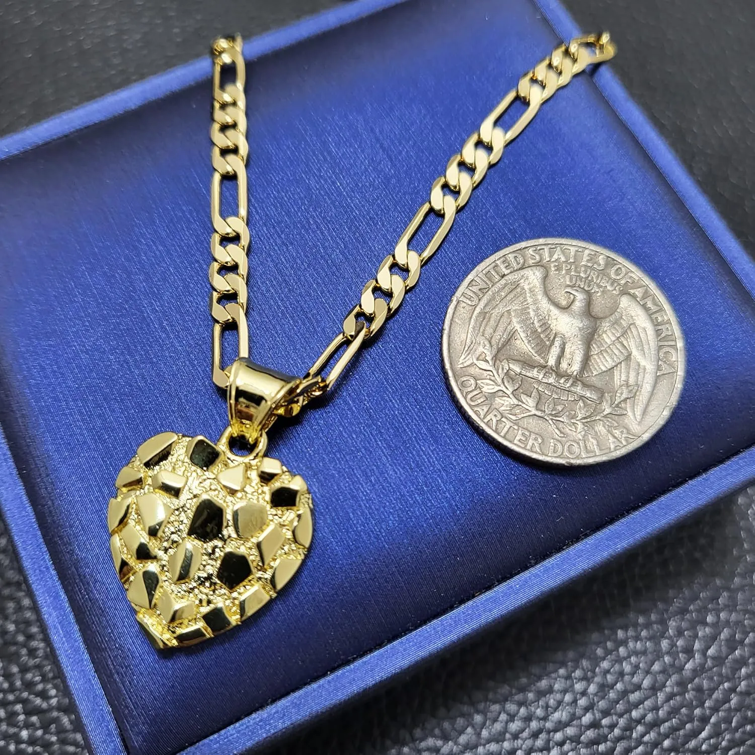 14k Solid Gold Plated Brass High-End Nugget Heart Love Vintage Cute Charm Pendant & 20" Figaro Chain Necklace & Stud Earrings Jewelry Gift For Women Men