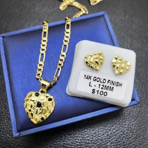 14k Solid Gold Plated Brass High-End Nugget Heart Love Vintage Cute Charm Pendant & 20" Figaro Chain Necklace & Stud Earrings Jewelry Gift For Women Men
