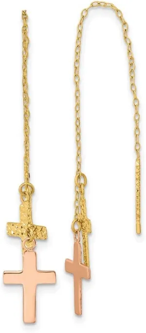 14k Solid Yellow Gold and Rose Sparkle Cut Polished Religious Faith Crosses Threader Earrings 63x7mm Wide Stud Earring for Women