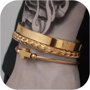 18K Gold Plated Stainless Steel Bracelets for Men - Roman Numeral Bracelet Luxury Crown King Twisted Cuff Cable Bangle Bracelets Set