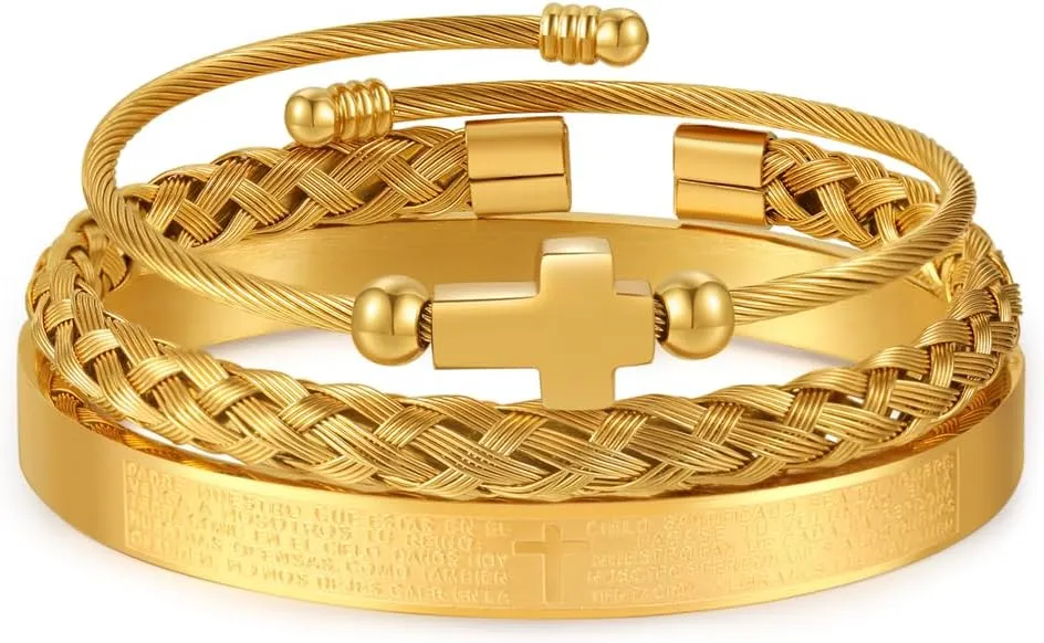 18K Gold Plated Stainless Steel Bracelets for Men - Roman Numeral Bracelet Luxury Crown King Twisted Cuff Cable Bangle Bracelets Set