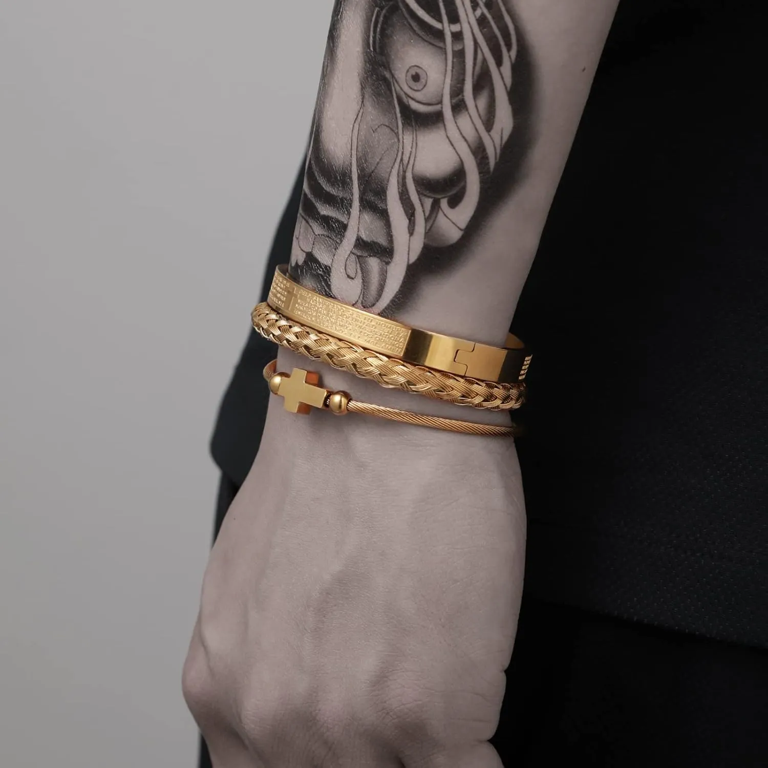 18K Gold Plated Stainless Steel Bracelets for Men - Roman Numeral Bracelet Luxury Crown King Twisted Cuff Cable Bangle Bracelets Set