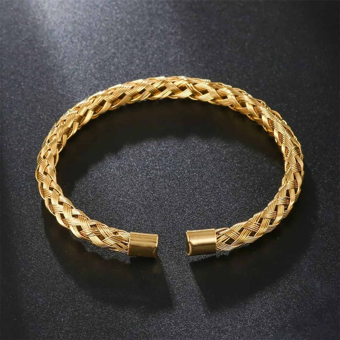 18K Gold Plated Stainless Steel Bracelets for Men - Roman Numeral Bracelet Luxury Crown King Twisted Cuff Cable Bangle Bracelets Set