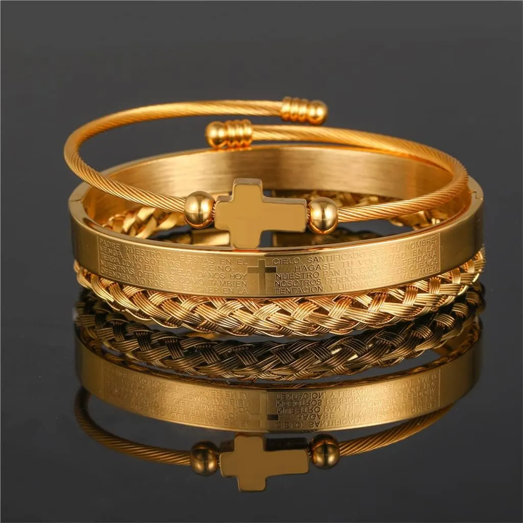 18K Gold Plated Stainless Steel Bracelets for Men - Roman Numeral Bracelet Luxury Crown King Twisted Cuff Cable Bangle Bracelets Set