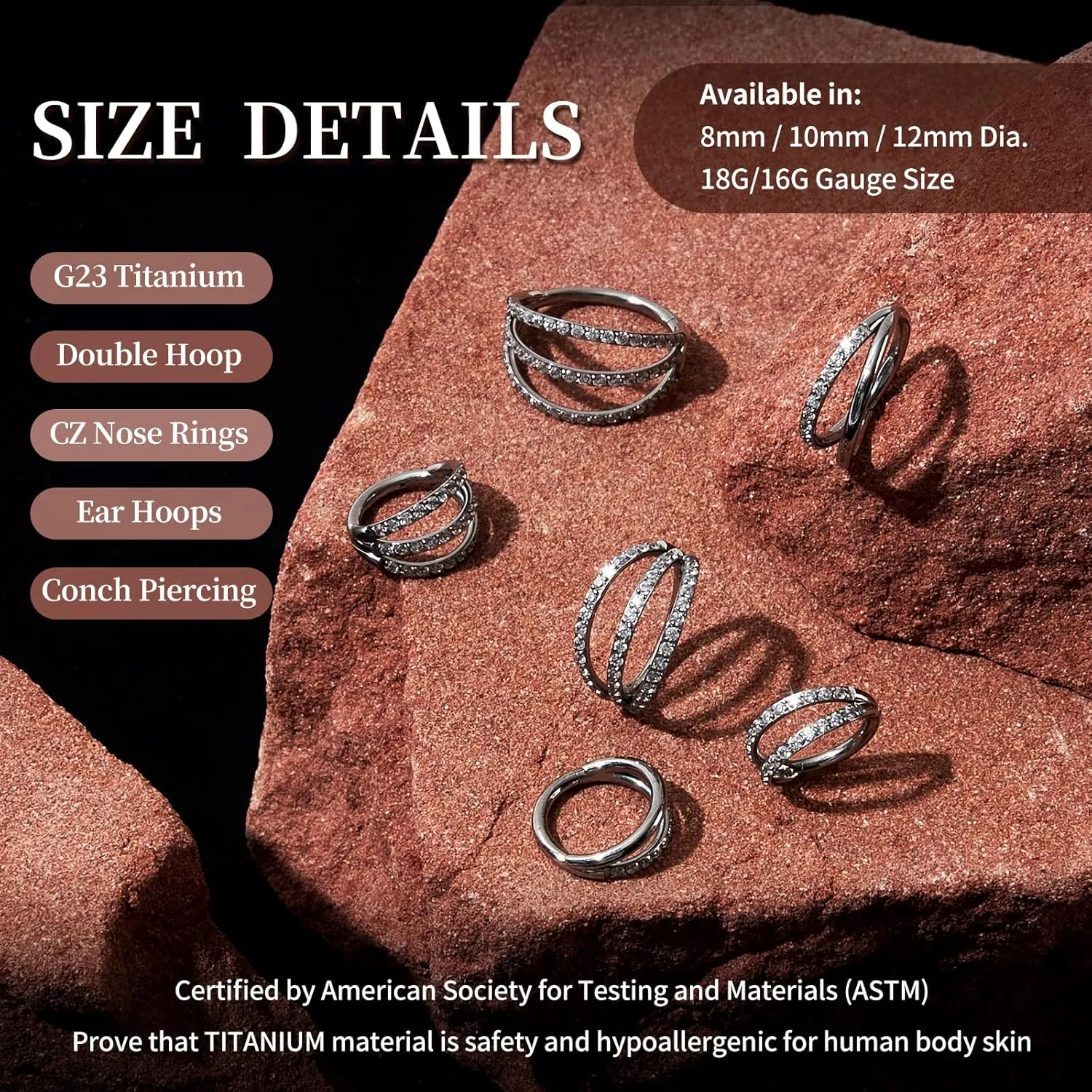 1PC Nose Ring Hoop G23 Titanium CZ Helix Rook Conch Cartilage Daith Tragus Earrings Hinged Segment Nostril Piercing Septum Clicker 18G 16G Silver Gold Lip Ring 8mm 10mm 12mm