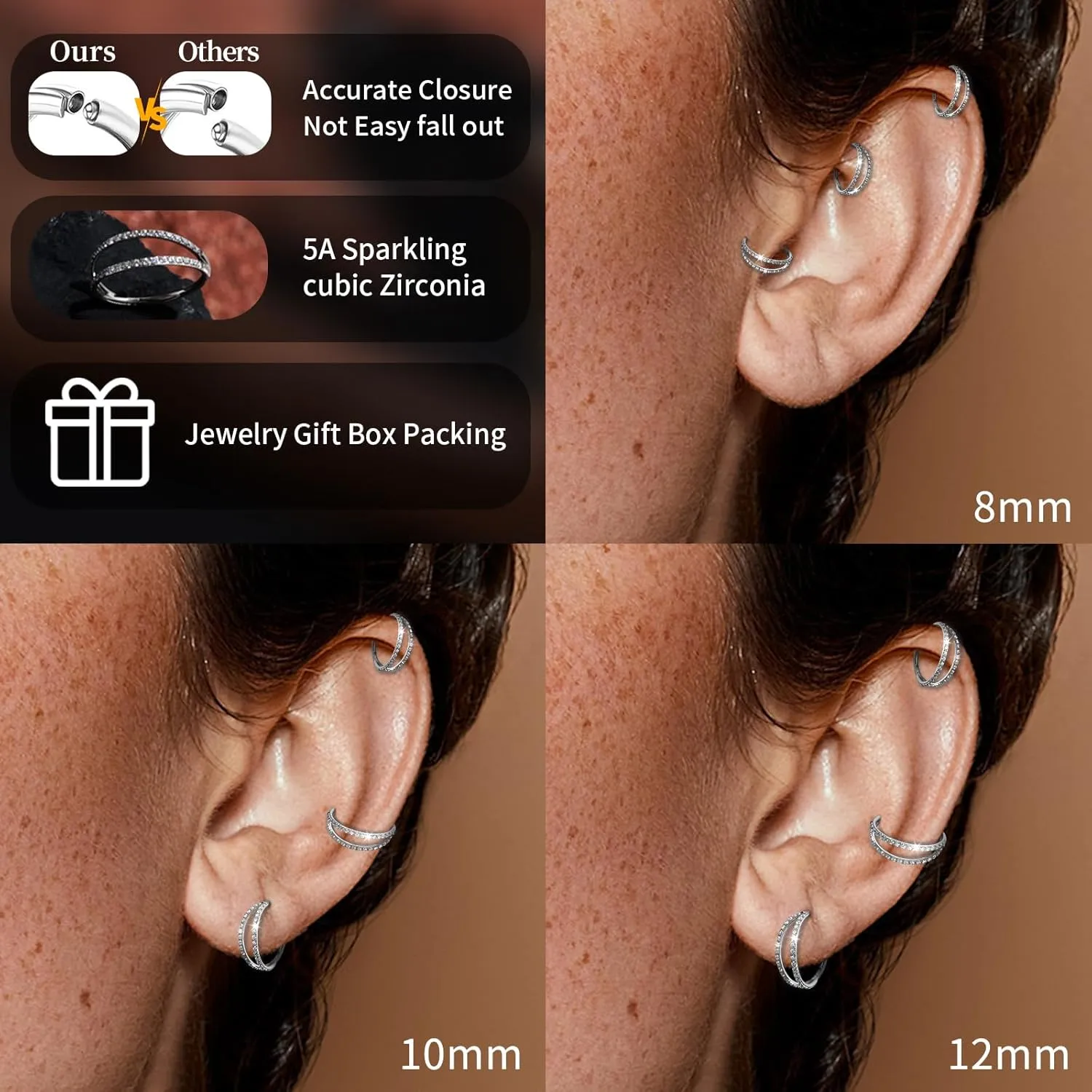 1PC Nose Ring Hoop G23 Titanium CZ Helix Rook Conch Cartilage Daith Tragus Earrings Hinged Segment Nostril Piercing Septum Clicker 18G 16G Silver Gold Lip Ring 8mm 10mm 12mm