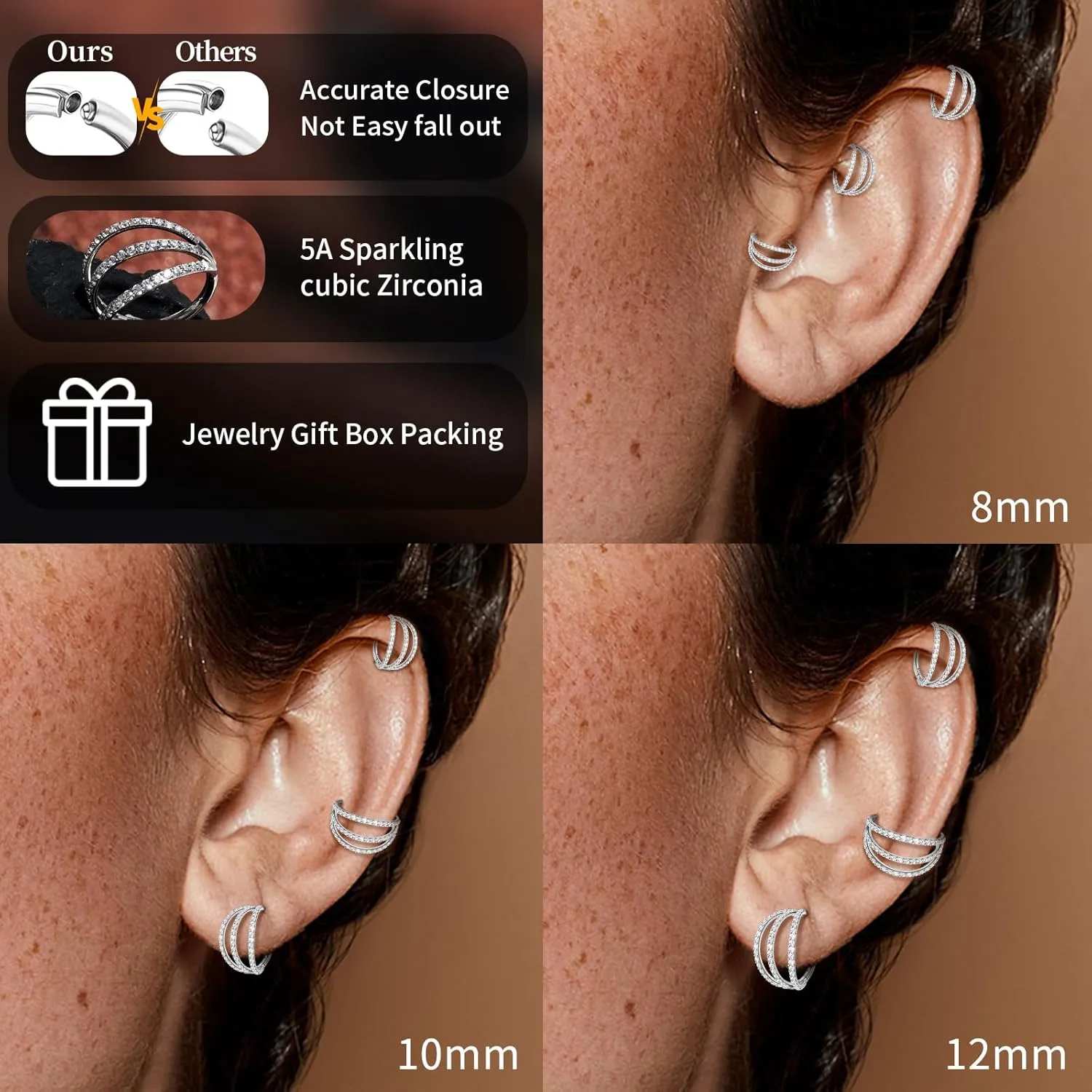 1PC Nose Ring Hoop G23 Titanium CZ Helix Rook Conch Cartilage Daith Tragus Earrings Hinged Segment Nostril Piercing Septum Clicker 18G 16G Silver Gold Lip Ring 8mm 10mm 12mm