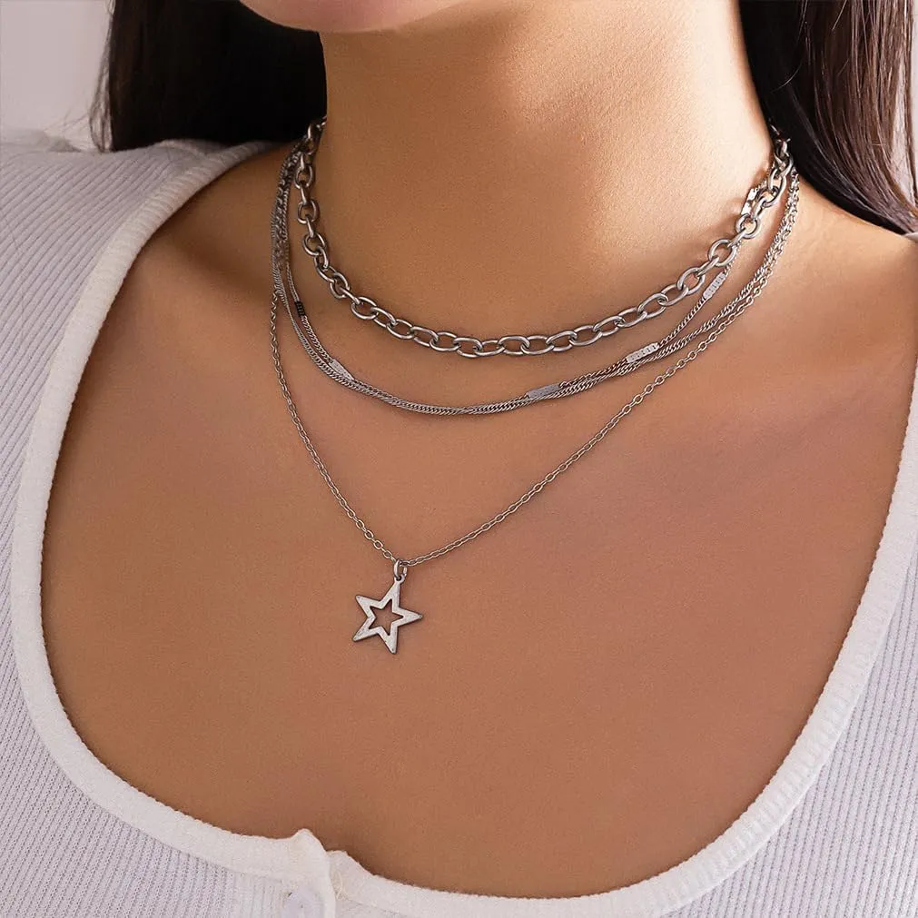 2 Pieces Silver Star Necklace Y2K Jewelry Set Grunge Necklace Kawaii Cute Necklaces Aesthetic Vintage Emo Jewelry