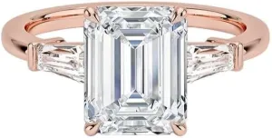 2.00 CT Moissanite Emerald Cut Ring  Yellow, White, Rose (Gold) Silver, Platinum Jewellery  Sterling Silver Ring for Women with Tapered Baguette Cut Side Stones (10K, 14K, 18K)