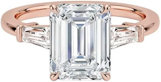 2.00 CT Moissanite Emerald Cut Ring  Yellow, White, Rose (Gold) Silver, Platinum Jewellery  Sterling Silver Ring for Women with Tapered Baguette Cut Side Stones (10K, 14K, 18K)