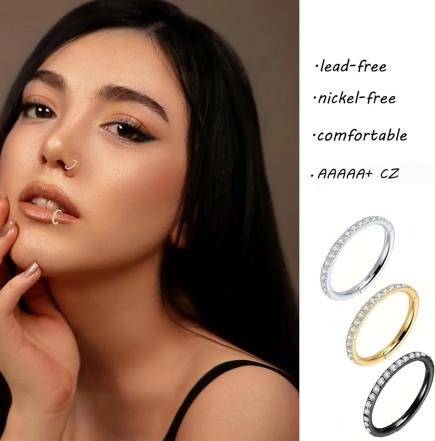 20G 18G 16G Nose Rings Hoops Surgical Steel CZ Hinged Segment Rings Septum Nose Hoops Conch Helix Tragus Cartilage Snug Daith Rook Lobe Piercing Jewelry 6mm 8mm 10mm