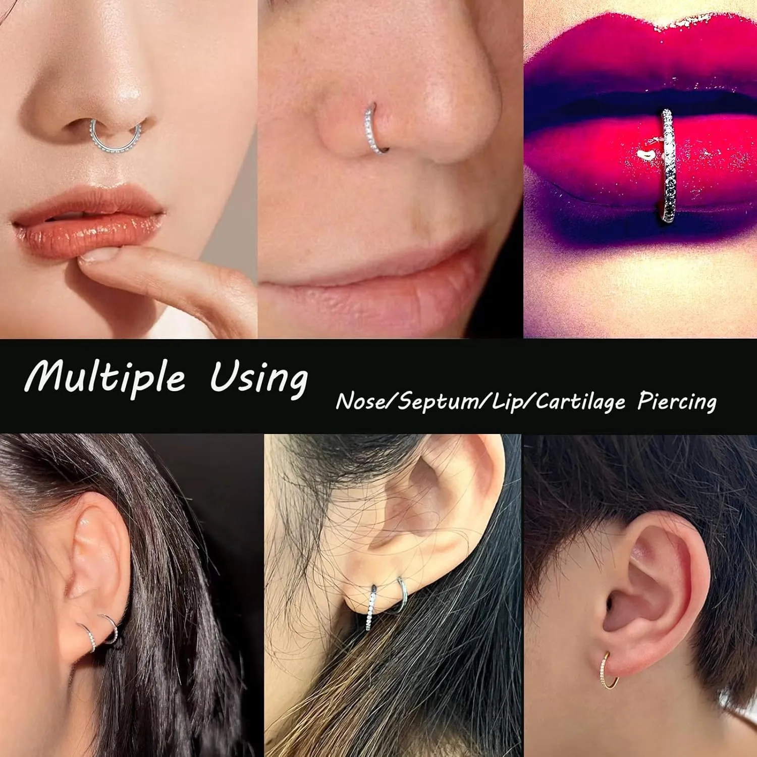 20G 18G 16G Nose Rings Hoops Surgical Steel CZ Hinged Segment Rings Septum Nose Hoops Conch Helix Tragus Cartilage Snug Daith Rook Lobe Piercing Jewelry 6mm 8mm 10mm