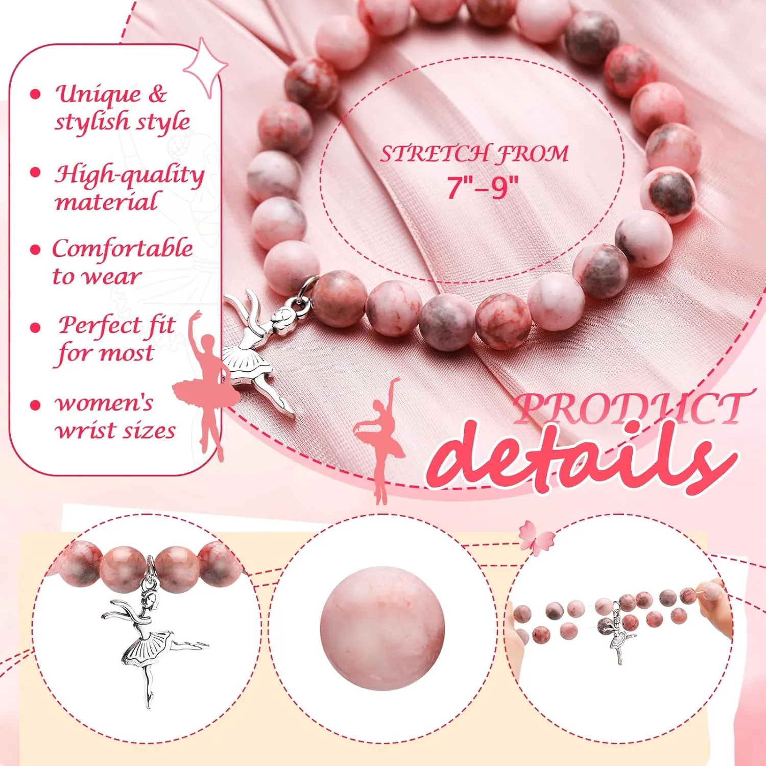 24 Sets Dance Recital Team Gifts Bulk for Bracelet Pink Dancing Adjustable Ballet Stuff Ballerina Bracelet with Card for International Dance Day Dancing Competition Prizes Gifts(Stylish Style)