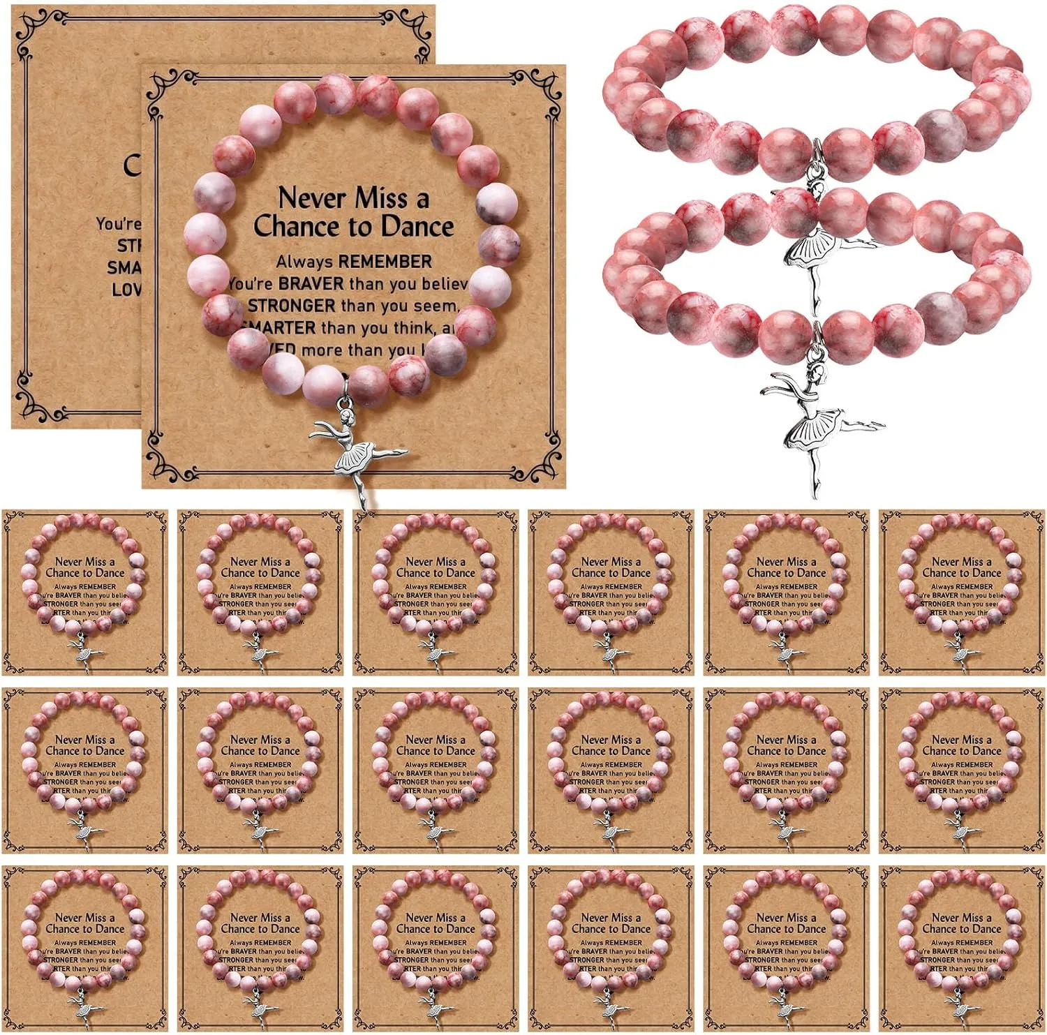 24 Sets Dance Recital Team Gifts Bulk for Bracelet Pink Dancing Adjustable Ballet Stuff Ballerina Bracelet with Card for International Dance Day Dancing Competition Prizes Gifts(Stylish Style)