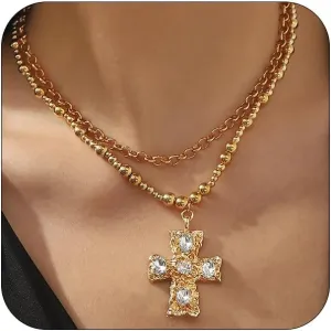 2Pcs Gold Big Crystal Cross Necklaces for Women, Layered Chunky Gold Thick Cross Zircon Pendant Beaded Beads Chain Choker Necklace Faith Jewelry Gift