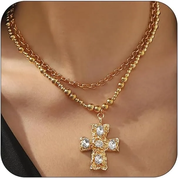 2Pcs Gold Big Crystal Cross Necklaces for Women, Layered Chunky Gold Thick Cross Zircon Pendant Beaded Beads Chain Choker Necklace Faith Jewelry Gift