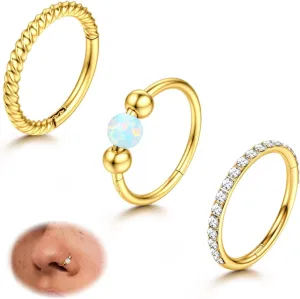 3pcs Hoop Nose Rings for women 316L Surgical Steel 18K Gold Nose Ring Hoop 8mm/10mm Nose Hoop Hinged CZ Conch Clicker Lip Rings Cartilage Helix Rook Tragus Daith Earring Hoops Body Piercing Jewelry