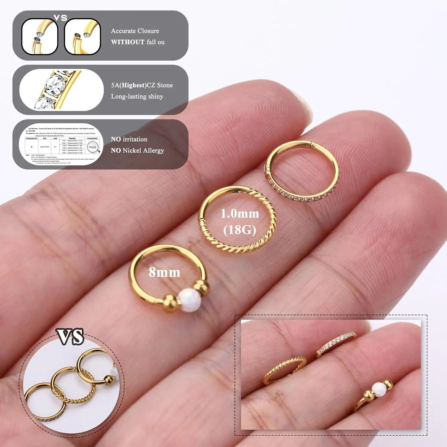 3pcs Hoop Nose Rings for women 316L Surgical Steel 18K Gold Nose Ring Hoop 8mm/10mm Nose Hoop Hinged CZ Conch Clicker Lip Rings Cartilage Helix Rook Tragus Daith Earring Hoops Body Piercing Jewelry