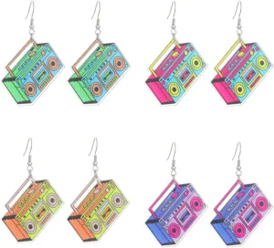 4 Pairs Vintage Cassette Tape Earrings 80s 90s Earrings for Women Retro Geometric Drop Dangle for 80's Outfits Cosplay Glow Party Music Party 70s 80s 90s Accessories