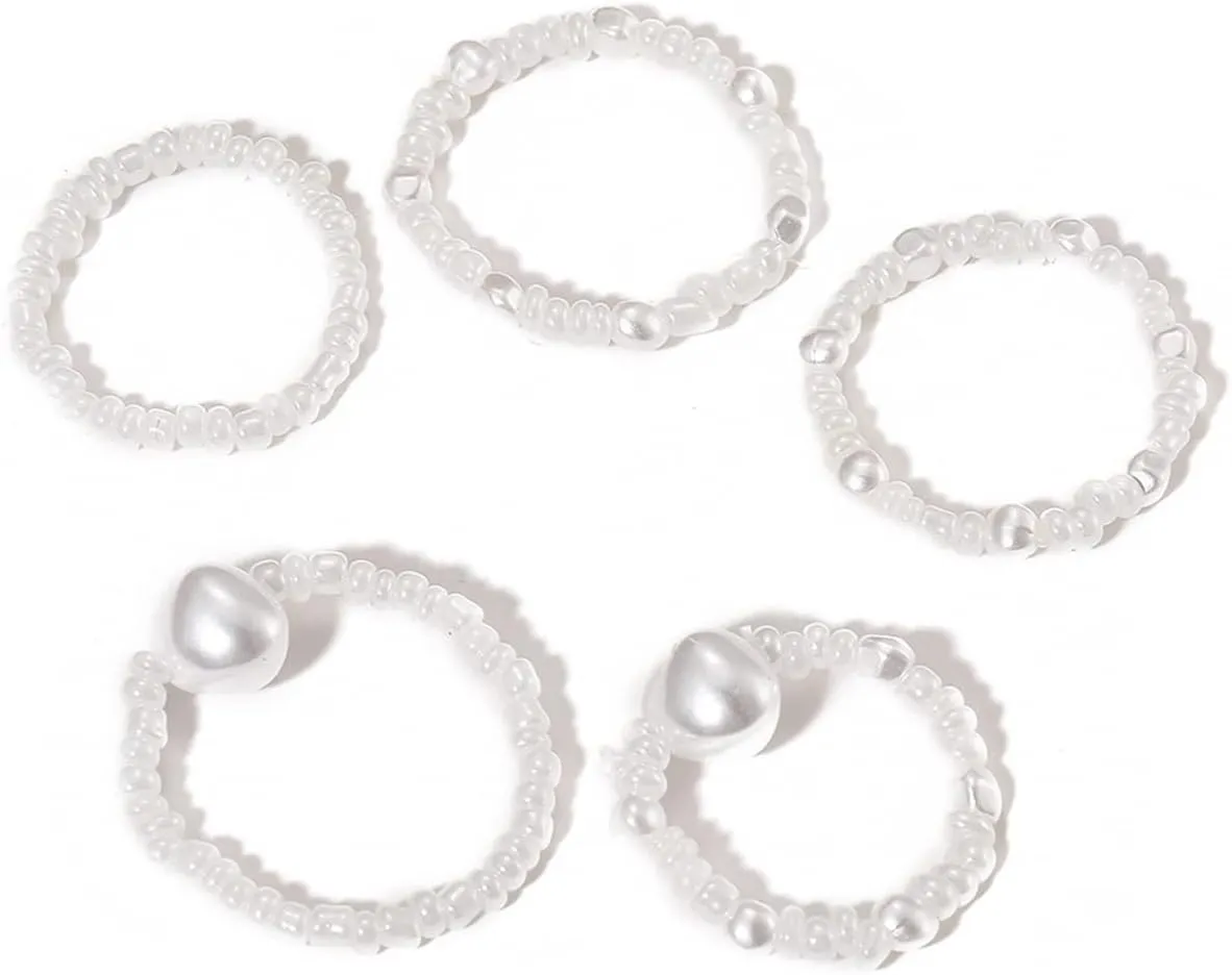 4 pcs White Pearl Adjustable Rings for Women and Handmade Stacking Stackable Beaded Rings (4 pcs White Pearl)