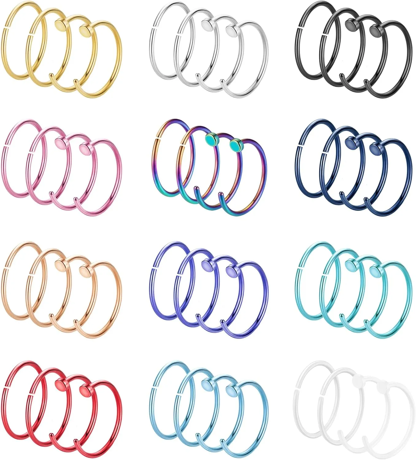 48Pcs 18G 20G 22G Stainless Steel Nose Ring Hoop for Women Men Nose Hoops Colorful Nose Rings Cartilage Helix Earrings Lip Rings Nose Piercing Jewelry 8mm 10mm