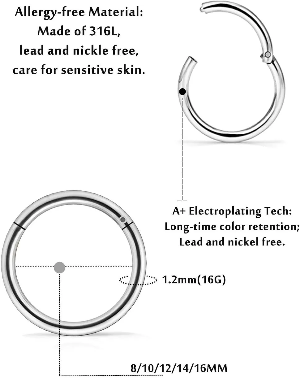 5 Pairs 16G Nose Rings Hoops 316l Surgical Steel Septum Jewelry Hinged Segment Clicker Lip Ring Cartilage Tragus Rook Earrings Hoop 8mm 10mm 12mm 14mm 16mm Silver Black Gold Rainbow Rose Gold