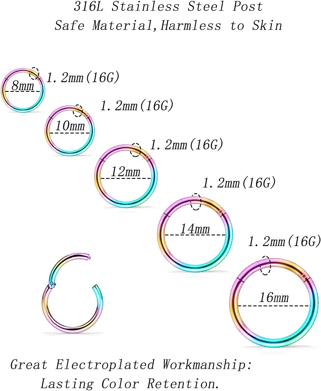5 Pairs 16G Nose Rings Hoops 316l Surgical Steel Septum Jewelry Hinged Segment Clicker Lip Ring Cartilage Tragus Rook Earrings Hoop 8mm 10mm 12mm 14mm 16mm Silver Black Gold Rainbow Rose Gold